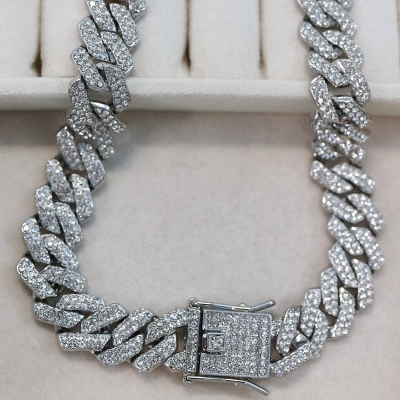 14mm 20inches Cuban Ice Curb Diamond Chain Silver Plated Necklace with Rhineston - Picture 3 of 4